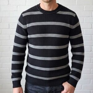 H&M Striped Sweater Mens Medium Black Gray Cotton Ribbed Knit Pullover Grunge